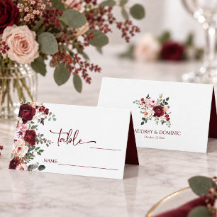 Elegant Burgundy Blush Floral Wedding Place Card