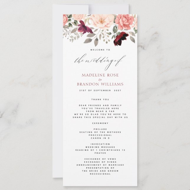 Elegant Burgundy Blush Floral Wedding Program (Front)