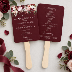 Elegant Burgundy Blush Floral Wedding Program Hand Fan