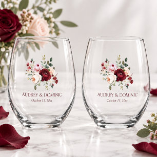 Elegant Burgundy Blush Floral Wedding Stemless Wine Glass