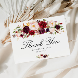 Elegant burgundy & blush floral wedding thank you postcard