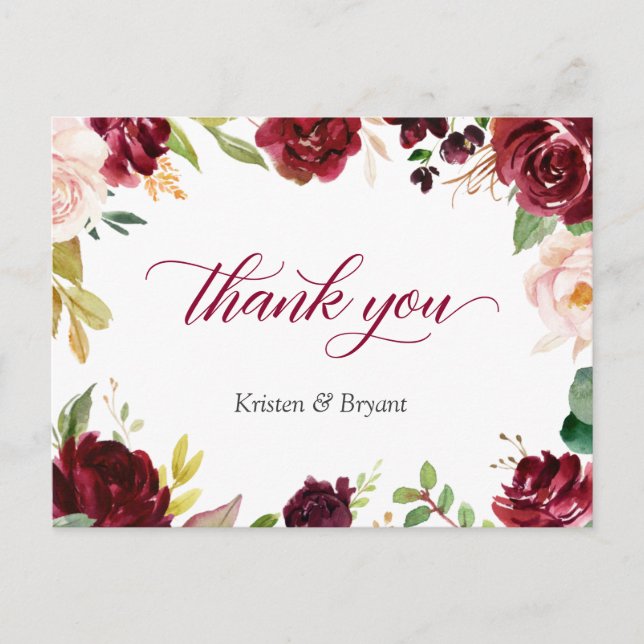 Elegant Burgundy Blush Floral Wedding Thank You Postcard (Front)