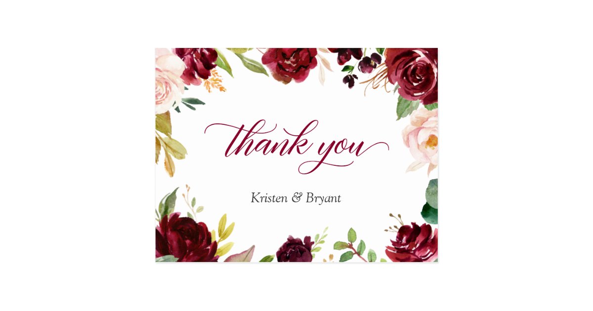 Elegant Burgundy Blush Floral Wedding Thank You Postcard