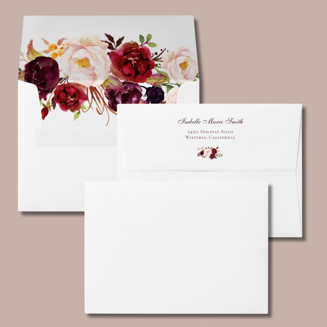 Elegant Burgundy & Blush Floral White Invitation Envelope (Creator Uploaded)