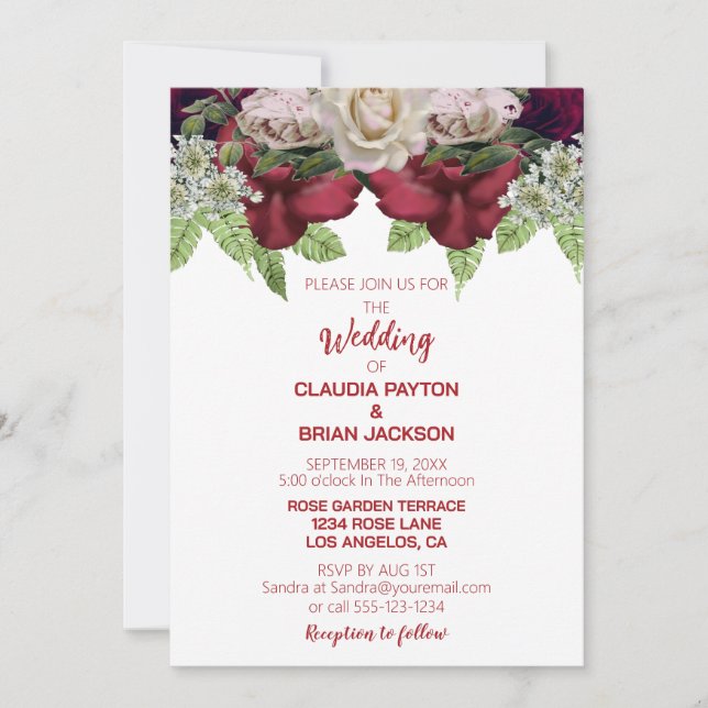 Elegant Burgundy Blush Floral White Wedding Invitation (Front)