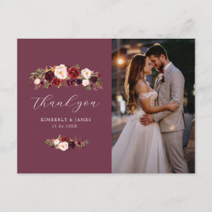 Elegant burgundy & blush flowers wedding thank you postcard