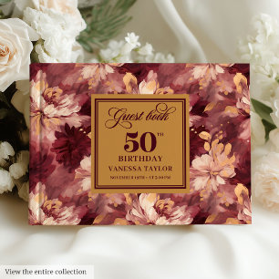 Elegant Burgundy Blush Gold Floral 50th Birthday Guest Book