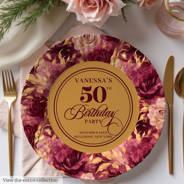 Elegant Burgundy Blush Gold Floral 50th Birthday  Paper Plate (Elegant Burgundy Blush Gold Floral 50th Birthday Plate)