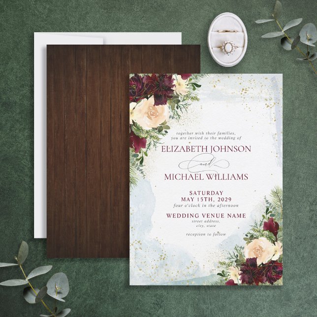 Elegant Burgundy Blush Gold Floral Country Wedding Invitation (Creator Uploaded)