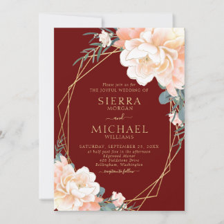 Elegant Burgundy Blush Gold Peach Floral Wedding Invitation