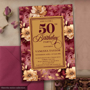 Elegant burgundy blush gold roses 50th birthday  invitation