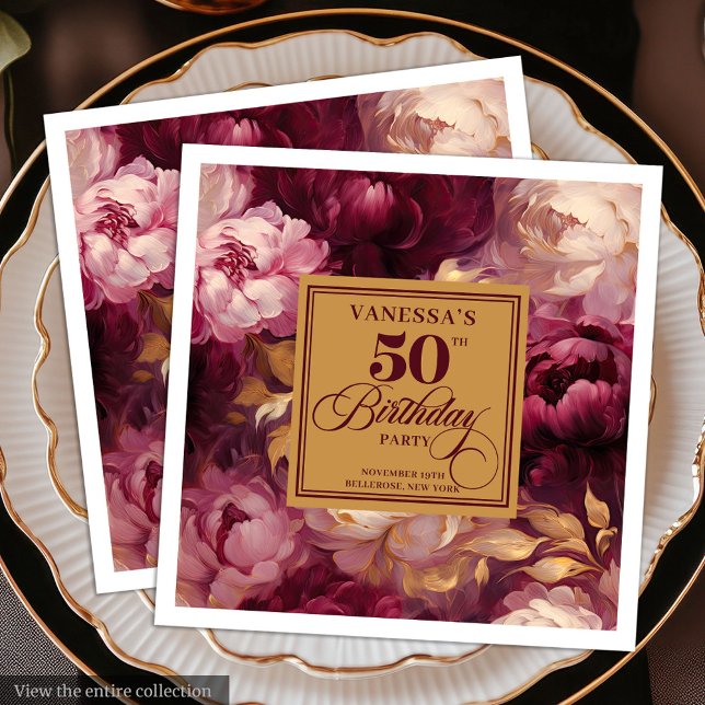 Elegant Burgundy Blush Gold Roses 50th Birthday  Napkin (Elegant Burgundy Blush Gold Roses 50th Birthday Paper Dinner Napkins )