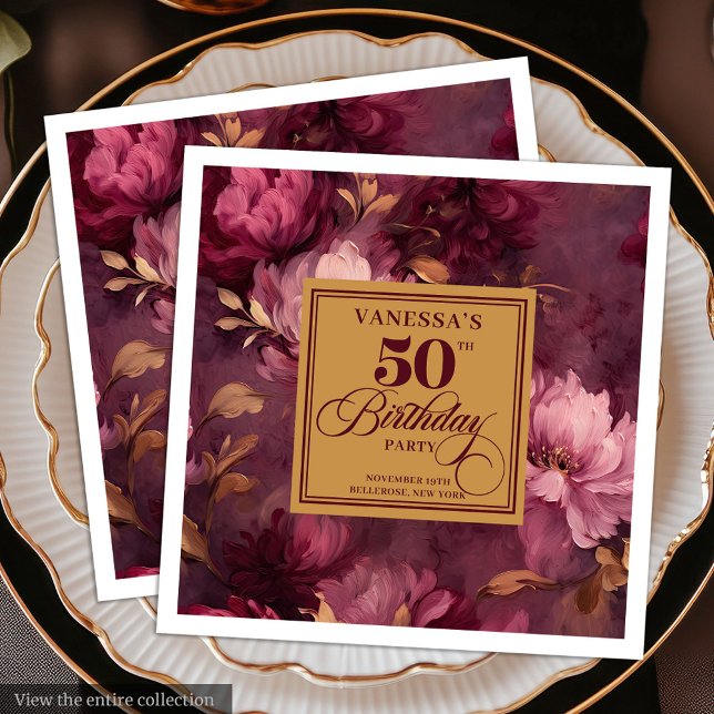 Elegant Burgundy Blush Gold Roses 50th Birthday Napkin (Elegant Burgundy Blush Gold Roses 50th Birthday Paper Dinner Napkins)