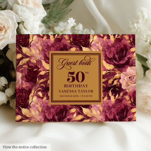 Elegant burgundy blush gold roses 50th guest book