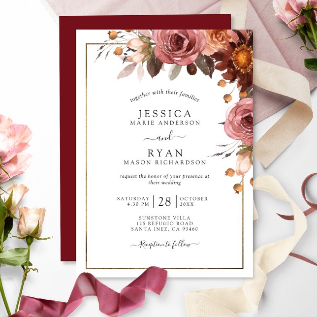 Elegant Burgundy, Blush, Honey Floral Wedding Invitation (Creator Uploaded)