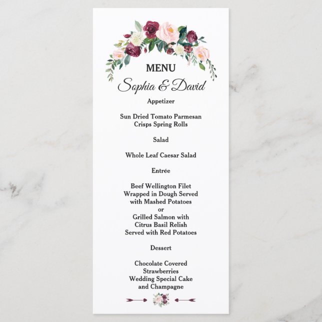 Elegant Burgundy Blush Ivory Floral Wedding Menu (Front)