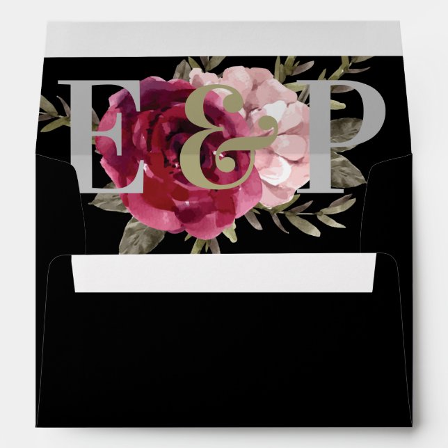Elegant Burgundy Blush Monogram Floral Wedding Envelope (Back (Bottom))