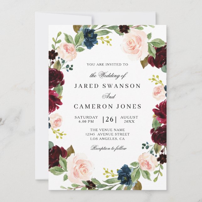 elegant burgundy blush & navy floral wedding invitation (Front)