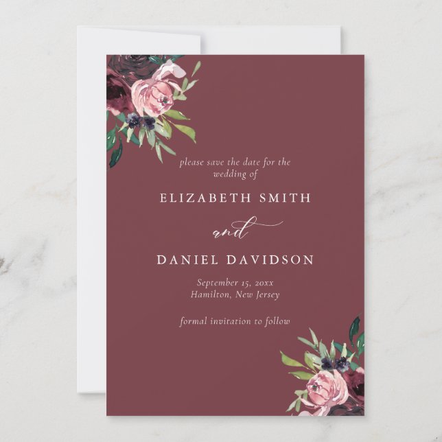 Elegant Burgundy Blush Photo Wedding  Save The Date (Back)