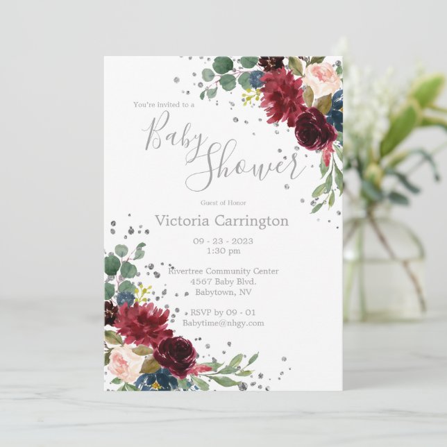 Elegant Burgundy Blush Pink Floral Blue Baby Invit Invitation (Standing Front)