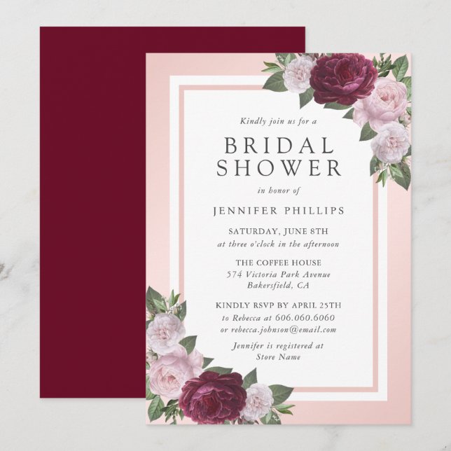 Elegant Burgundy Blush Pink Floral Bridal Shower Invitation (Front/Back)