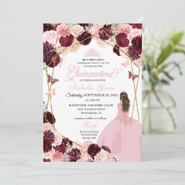 Elegant Burgundy Blush Pink Floral Quinceanera Inv Invitation (Standing Front)