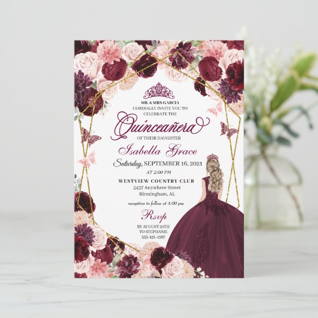 Elegant Burgundy Blush Pink Floral Quinceanera Inv Invitation (Standing Front)