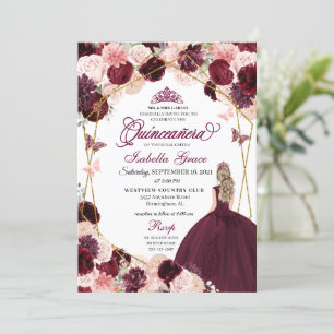 Elegant Burgundy Blush Pink Floral Quinceanera Inv Invitation