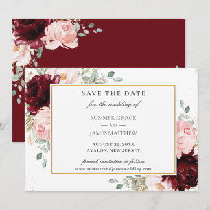 Elegant Burgundy Blush Pink Floral Roses Wedding  Save The Date