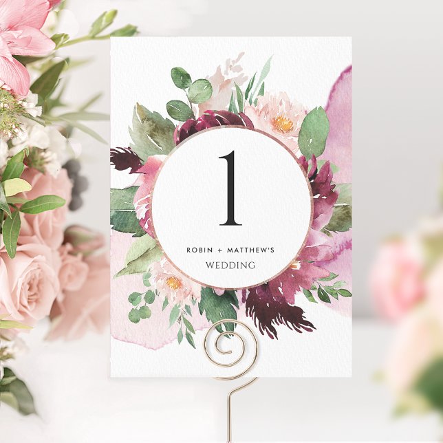 Elegant Burgundy Blush Pink Floral Table Number (Creator Uploaded)