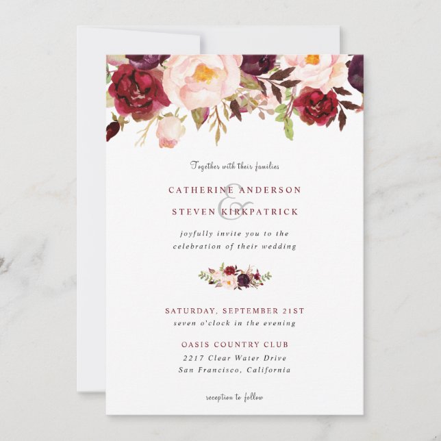 Elegant Burgundy Blush Pink Floral Wedding  Invitation (Front)