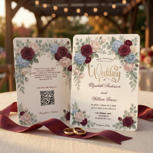 Elegant Burgundy Blush Pink Modern QR Code Wedding Invitation