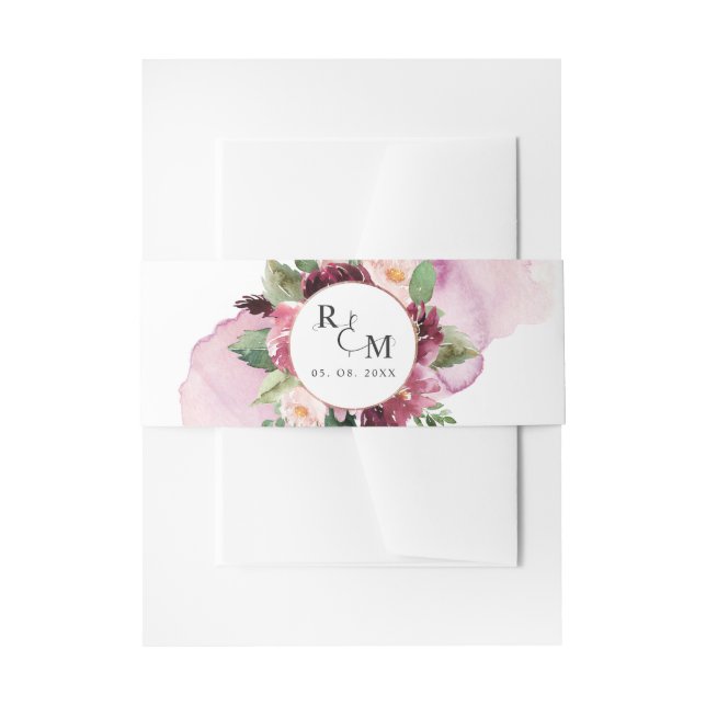 Elegant Burgundy Blush Pink Monogram Wedding Invitation Belly Band (Front Example)