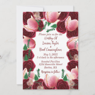 Elegant Burgundy & Blush Pink Rose White Wedding Invitation
