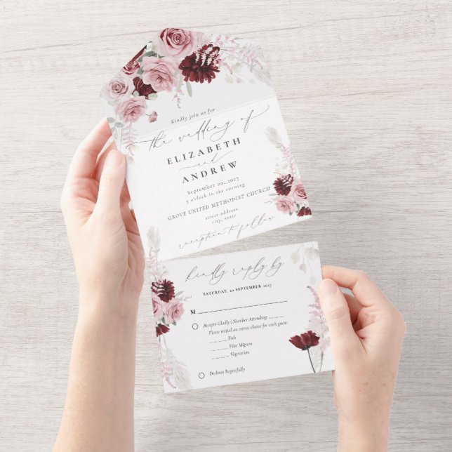 Elegant Burgundy Blush Pink Roses Floral Wedding All In One Invitation (Tearaway)