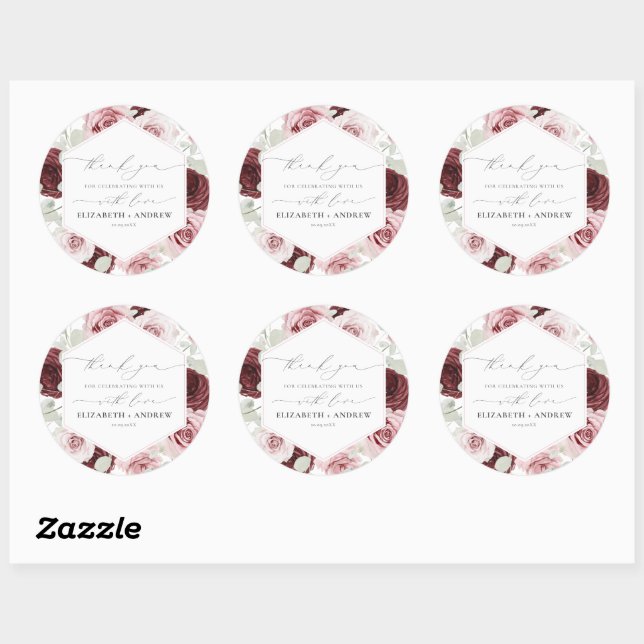 Elegant Burgundy Blush Pink Roses Floral Wedding Classic Round Sticker (Sheet)