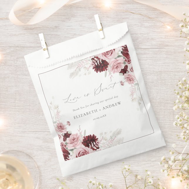 Elegant Burgundy Blush Pink Roses Floral Wedding  Favour Bags (Clipped)