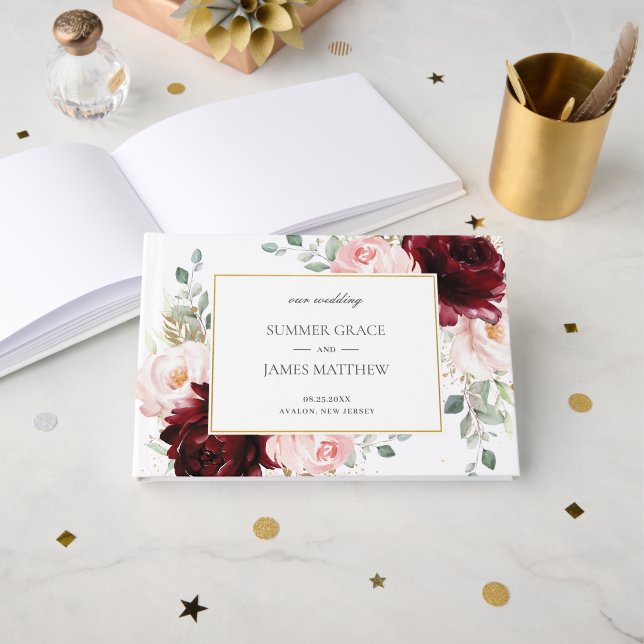Elegant Burgundy Blush Pink Roses Floral Wedding Guest Book (Front Open)