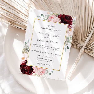 Elegant Burgundy Blush Pink Roses Floral Wedding   Invitation