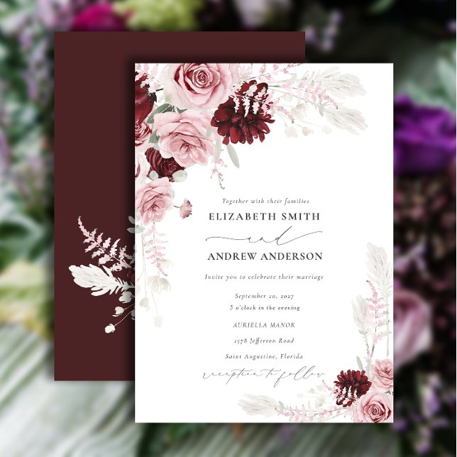 Elegant Burgundy Blush Pink Roses Floral Wedding Invitation (Creator Uploaded)