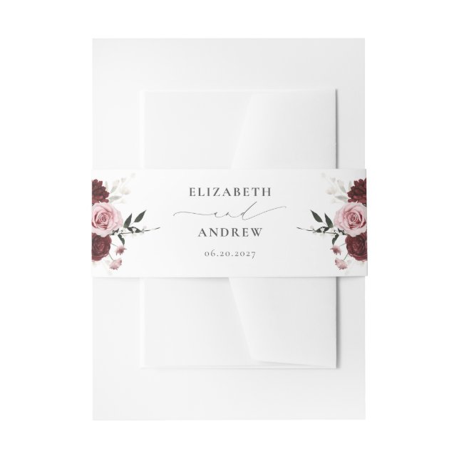 Elegant Burgundy Blush Pink Roses Floral Wedding Invitation Belly Band (Front Example)