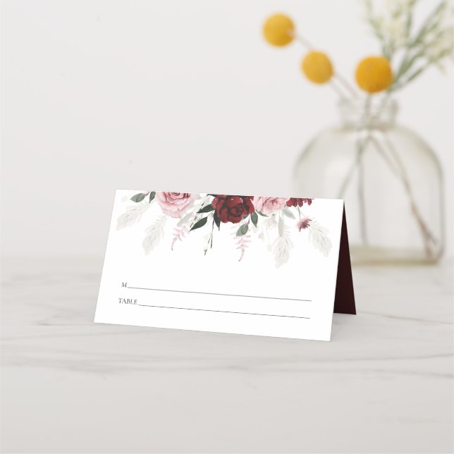 Elegant Burgundy Blush Pink Roses Floral Wedding Place Card (Back)