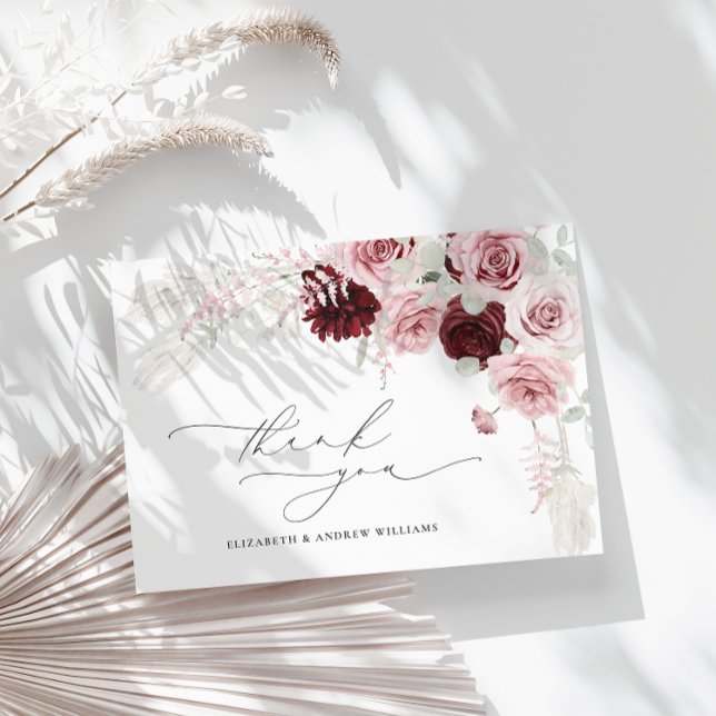 Elegant Burgundy Blush Pink Roses Floral Wedding Thank You Card (Creator Uploaded)