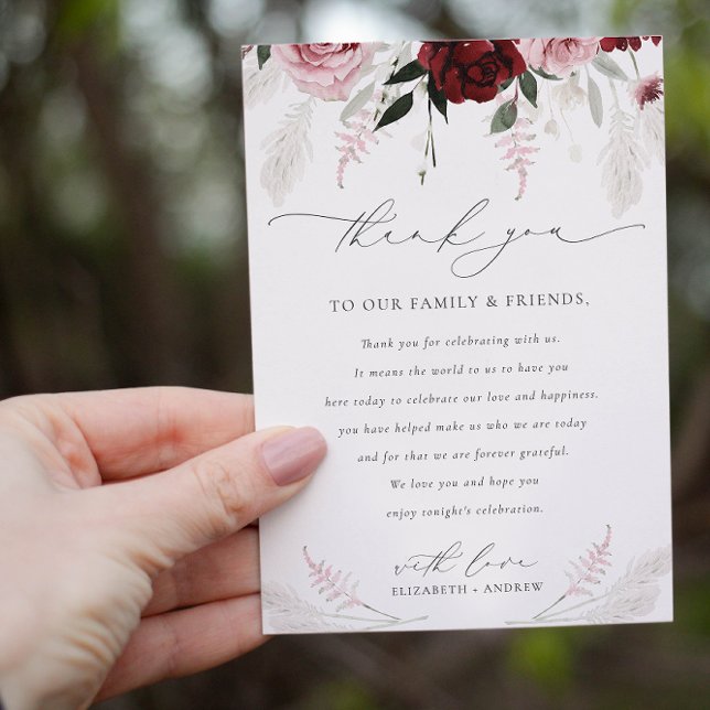 Elegant Burgundy Blush Pink Roses Floral Wedding Thank You Card (Creator Uploaded)