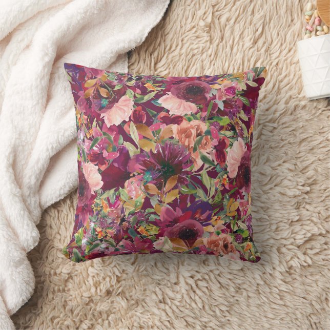 Elegant Burgundy Blush Pink Watercolor Floral  Cushion (Blanket)
