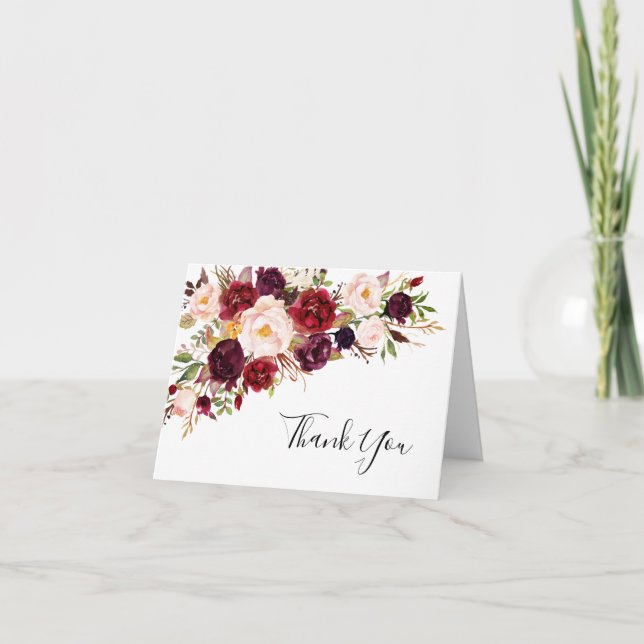 Elegant Burgundy Blush Pink Wedding Thank You Card (Front)