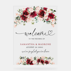 Elegant Burgundy Blush Rose Floral Wedding Welcome Acrylic Sign