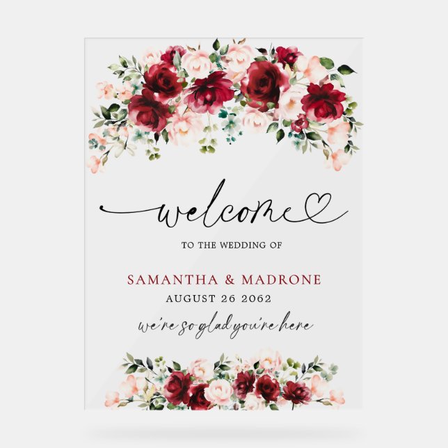 Elegant Burgundy Blush Rose Floral Wedding Welcome Acrylic Sign (Front)