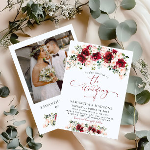 Elegant Burgundy Blush Roses Photo Floral Wedding  Invitation