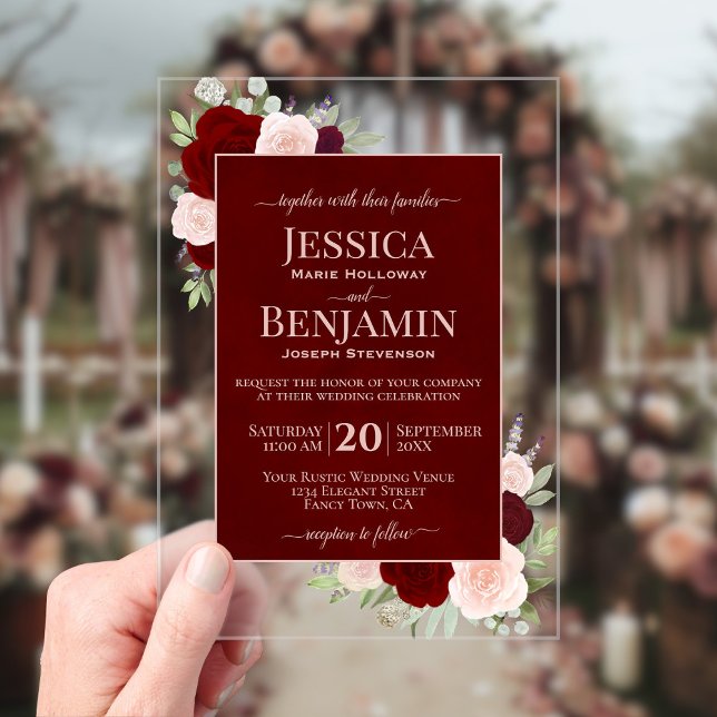 Elegant Burgundy Blush Roses Stylish Text Wedding Acrylic Invitations (Clear Acrylic with Rectangle Cut)